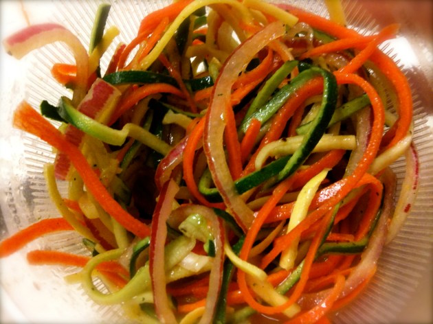 Zucchini, yellow squash, radish, carrot and red onion salad