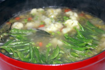 Boiling soup with pea pod necklace