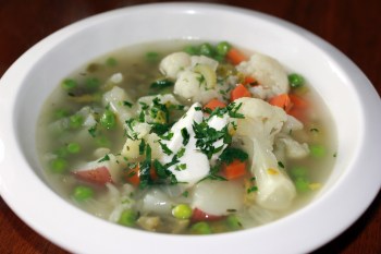 Beautiful soup, with cauliflower and fresh sugar snap peas