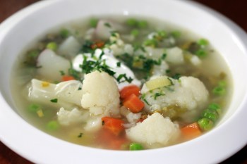 Beautiful soup, with cauliflower and fresh sugar snap peas