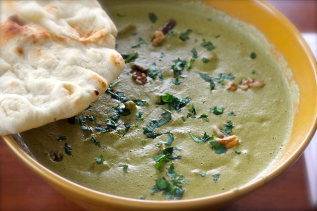 Gorgeous Satsivi in a clay bowl, with fresh Lavash