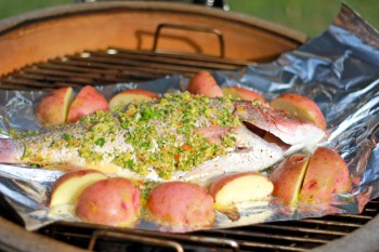 Snapper and potatores, arranged on our new Kamado grill