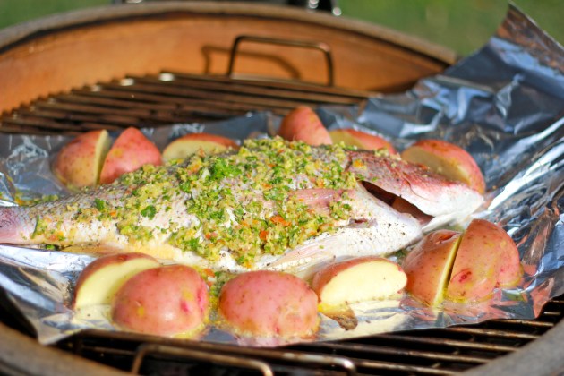 Snapper and potatores, arranged on our new Kamado grill
