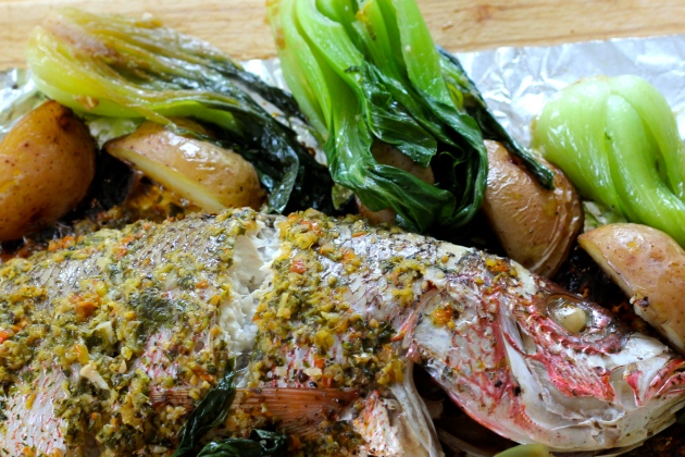Asian inspired Roasted Red Snapper with Red Potatoes and Braised Bok Choi