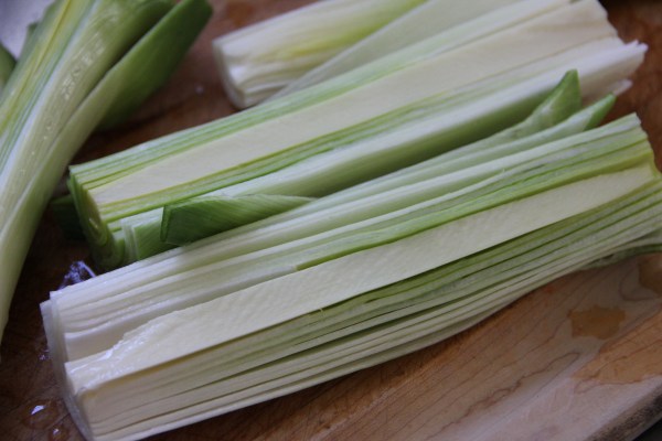 Leeks, trimmed to light green portion of the stem, cut in half lengthwise