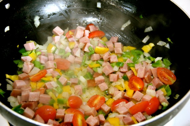Sauteing ham and vegetables