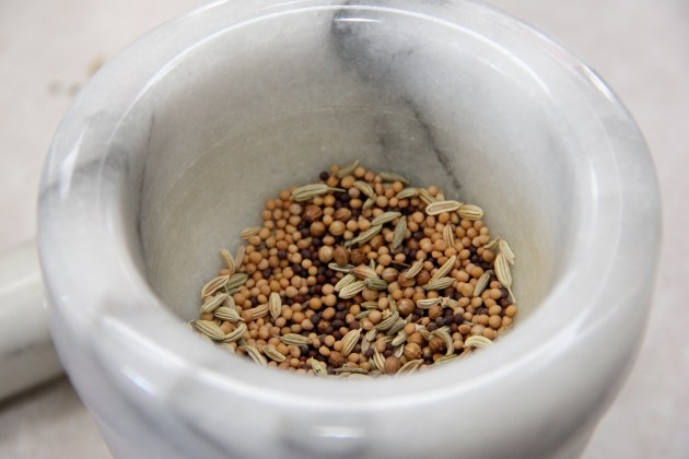 Basic spice mix for pickling cucumbers -- mustard, dill, fennel, coriander and caraway seeds crushed