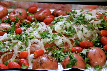 Salmon and vegetables arranged on a baking tray