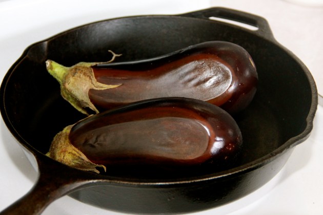 Roasting eggplants in a cast iron skillet