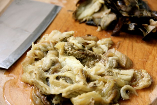 Eggplant flesh scooped out of the skins