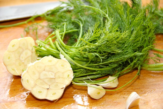 Basic pickling kit -- sliced garlic head and dill weed