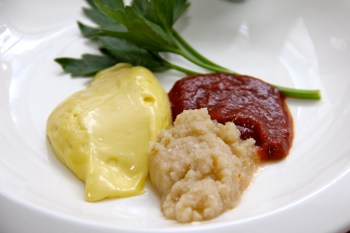 Homemade lacto-fermented mayonnaise, horseradish relish and ketchup
