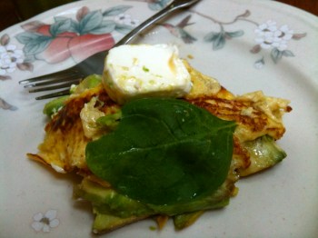Mother's Day breakfast -- toast with ham, avocado, omelette, cream cheese and spinach