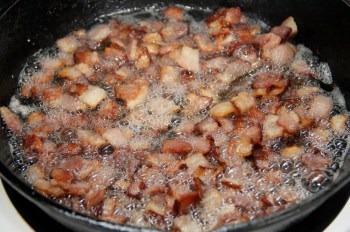 Frying bacon bits for rye baguette