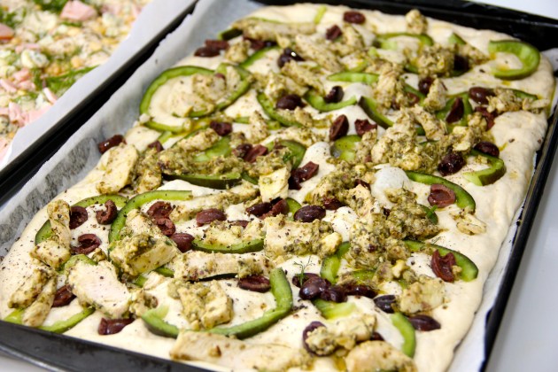 Final rise of the chicken pesto focaccia