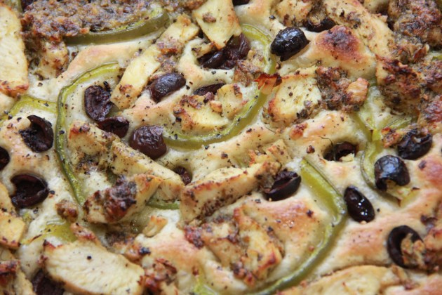 Pesto chicken, green peppers and olive focaccia