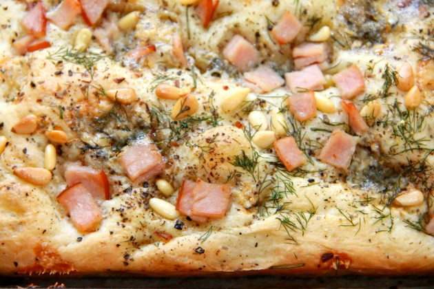 Ham, blue cheese, pine nuts and dill focaccia