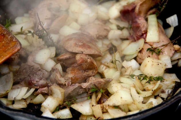 Sauteing chicken with onions and herbs for Chicken Liver Pate
