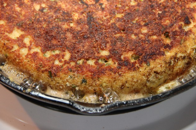 Making Fish Roe Skillet Pie -- freshly flipped pie