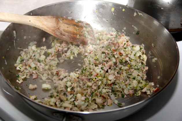 Preparing Pancetta With Shallots And Garlic for Polenta Pizza