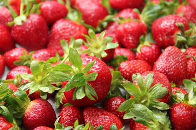 Making Strawberry Cake -- freshly picked strawberries