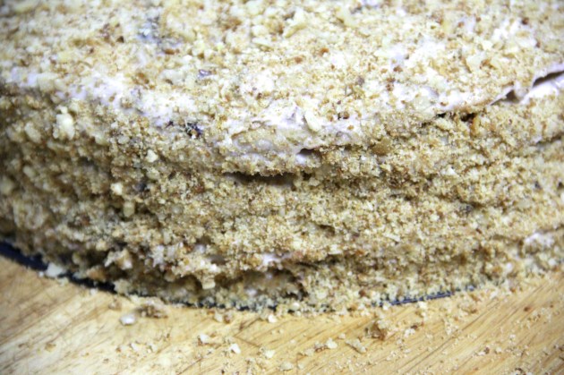 Honey Cake With Walnuts & Prunes -- coating with crumbs