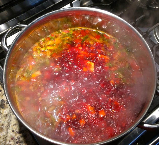 Making Borscht: adding hot stock